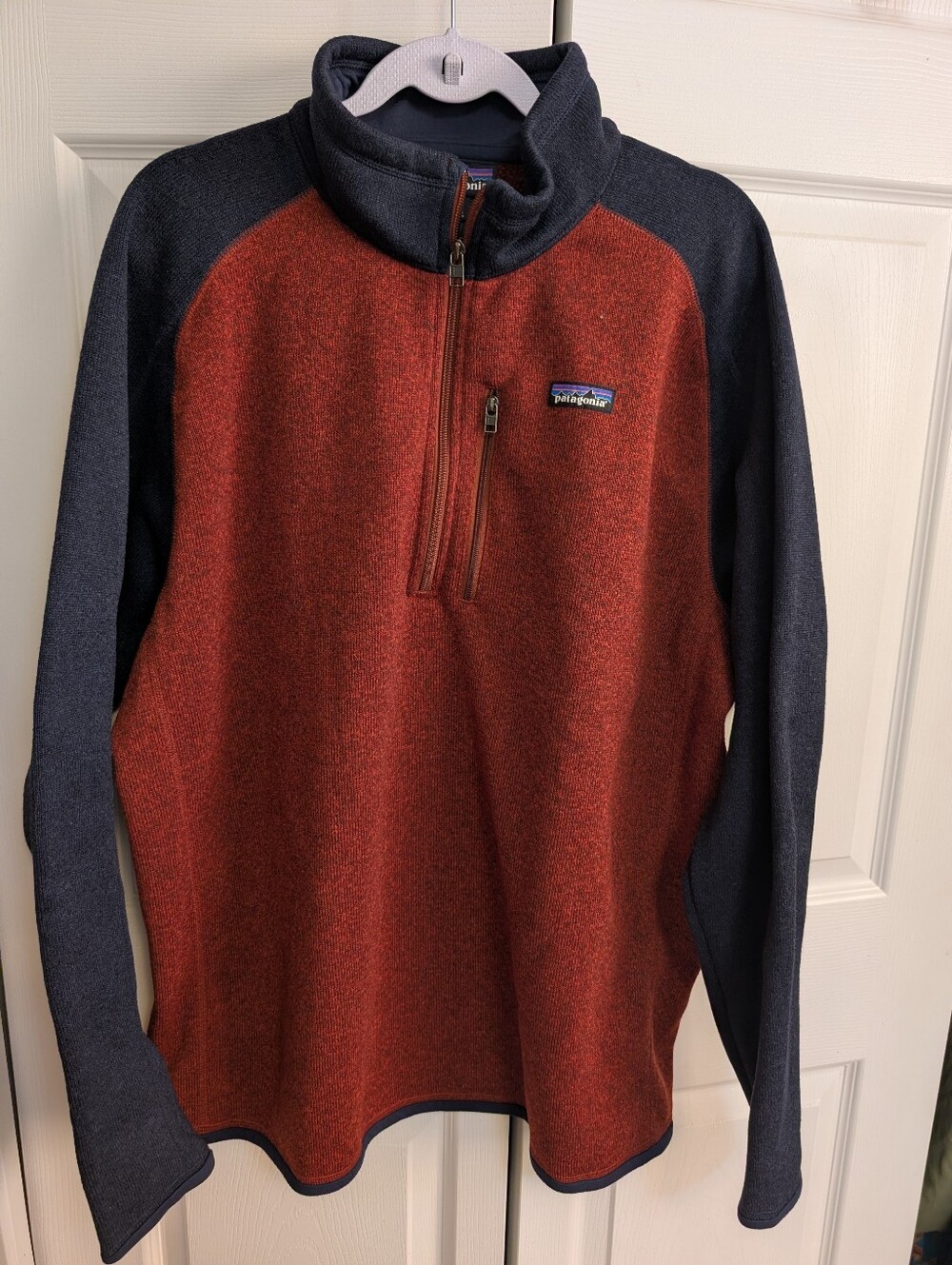 Patagonia Mens XXL Better Sweater 1/4 Zip Pullover Fleece Rust Red Navy Blue